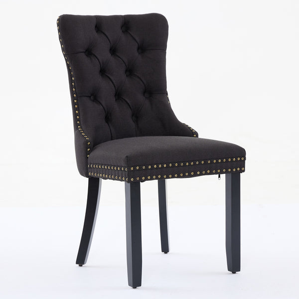 English Elm Nikki Tufted Flax Linen Dining Chair with Solid Wood Frame, High-Rebound Cushion, Nailhead Trim Black W1143P233648