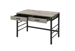 English Elm Disho Light Weathered Oak Writing Desk with USB Ports, 2 Drawers, Black Metal Ladder Base, Industrial Charm B2726P255313