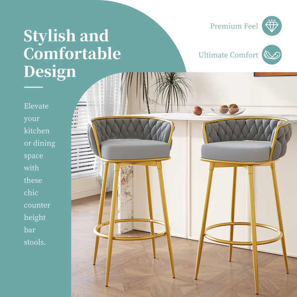 English Elm Christopher Knight Home® - Swivel Counter Height Bar Stools Set of 2 with 180° Turn, Hand-Woven Back, Gold Frame, Velvet Comfort Grey N762P216979E