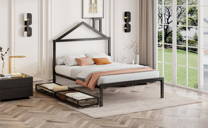 English Elm Full Metal Platform Bed with House-Style Headboard, Two Smooth Storage Drawers, Sturdy 350lb Capacity Black MF320571AAB