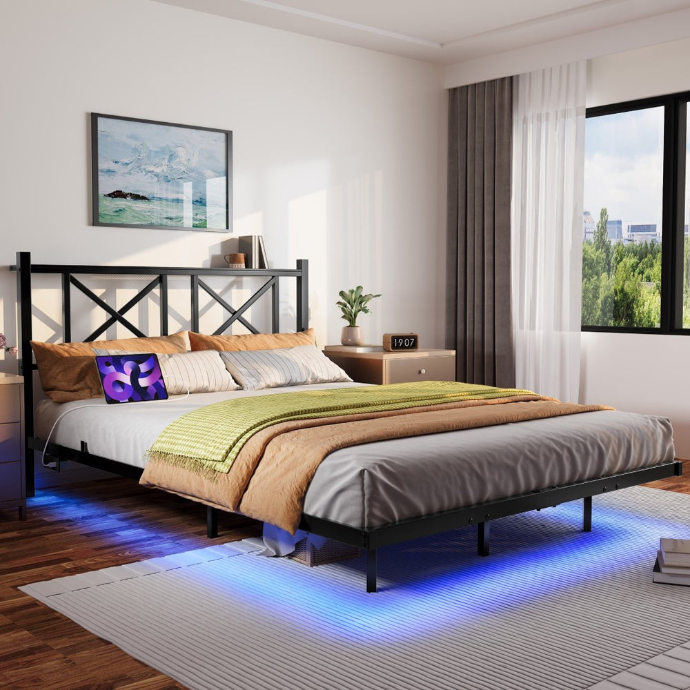 English Elm Queen Platform Bed with Rgb Led Underglow Storage Headboard and Usb Charging Ports W840P383354