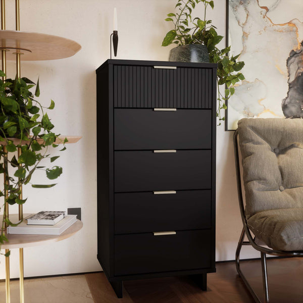 English Elm Granville 5-Drawer Modern Chest In Black With Gold Accents For Stylish Storage & Organization B365S00069
