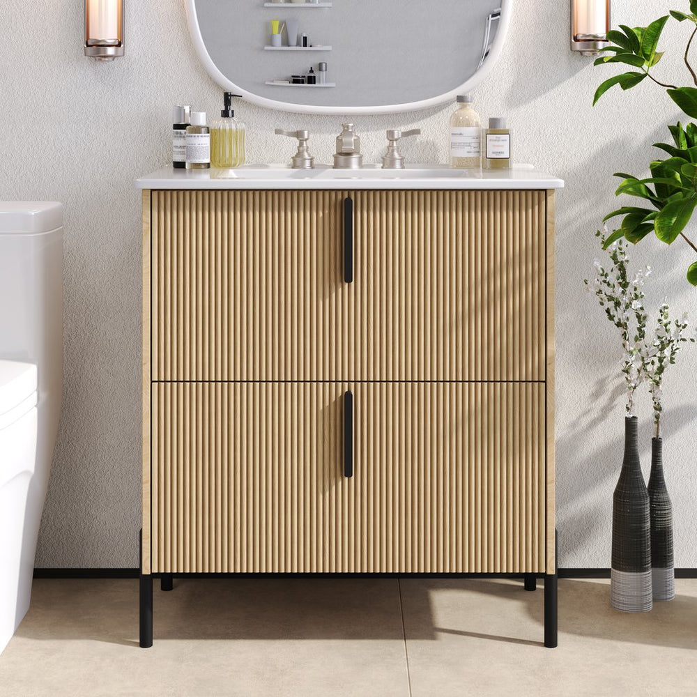English Elm Christopher Knight Home® - 30" Bathroom Vanity With Ceramic Sink, Soft-Close Drawers & Elegant Fluted Design For Small Spaces N817P295761N