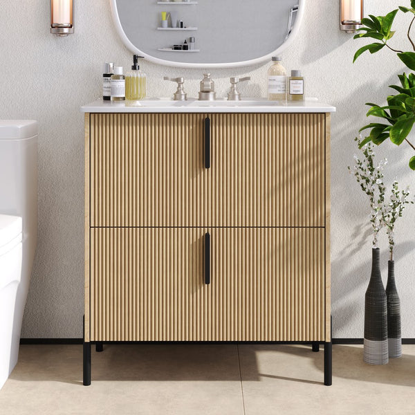 English Elm Christopher Knight Home® - 30" Bathroom Vanity With Ceramic Sink, Soft-Close Drawers & Elegant Fluted Design For Small Spaces N817P295761N