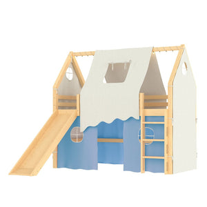 English Elm Twin Pine Loft Bed with House Frame Tent Led Lights Slide and Floor Space Below W1580S00290