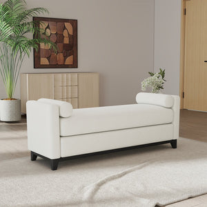 English Elm 66.34 Inch Sherpa Fleece Bench with Fluted Wood Legs Bolster Pillows Mid-century Lounge Beige+Black W1658P445919