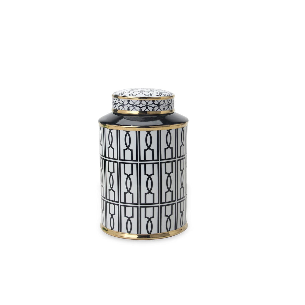 English Elm Elegant White Ceramic Ginger Jar With Bold Black Geometric Design - Modern Decor & Storage Solution B030P308543