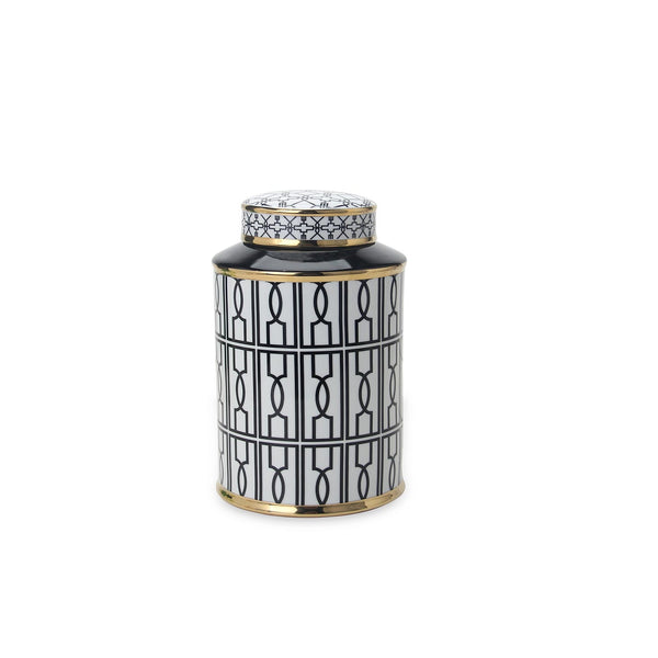English Elm Elegant White Ceramic Ginger Jar With Bold Black Geometric Design - Modern Decor & Storage Solution B030P308543