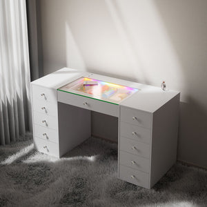 English Elm 51.2" Vanity Desk Modern Glass Top with RGB Strip, 11 Drawers, Smart Touch, 6-Mode LED Ambiance W3660S00002