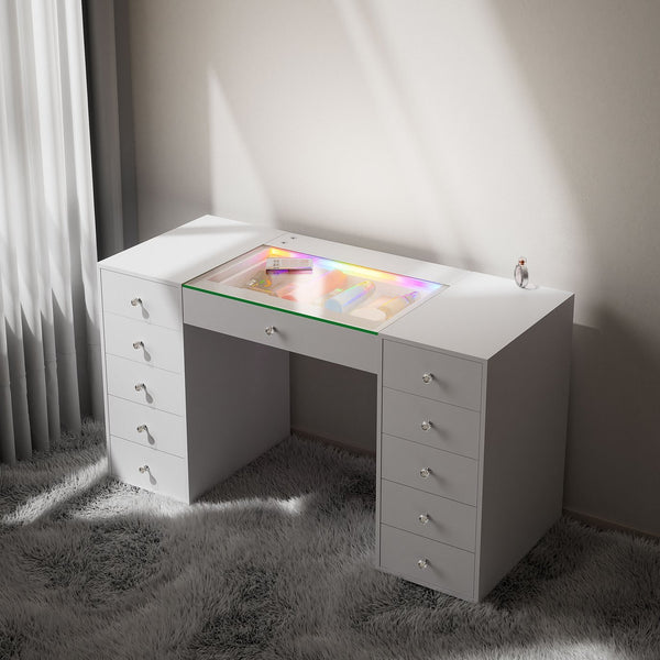English Elm 51.2" Vanity Desk Modern Glass Top with RGB Strip, 11 Drawers, Smart Touch, 6-Mode LED Ambiance W3660S00002