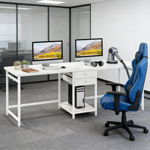 English Elm Computer Desk Two Person Wood Grain Workstation with Drawers for Shared Home Office White T3971P453460