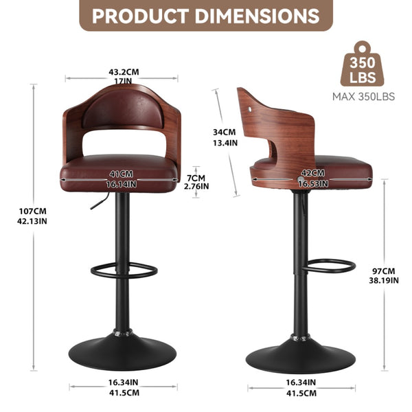 English Elm Swivel Bar Stools Set Of 2 - Adjustable Height 24.5-33.5" Kitchen Chairs With Pu Leather & Backrest T3950P394219-GIGA