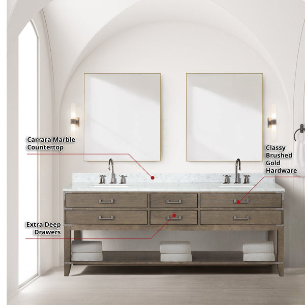 English Elm Grey Oak Double Bath Vanity Set With Carrara Marble Top, Chrome Faucets, & 36" Mirrors For Elegance B2731S01920
