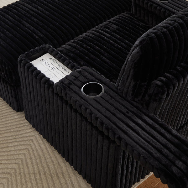 English Elm 42.5-inch corduroy single recliner with cup holder, storage ottoman, plush back pillow for lounging Black W834P375124