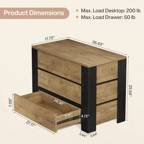 English Elm Storage Nightstand with Three Deep Drawers Wooden Frame Bedroom or Entryway Organizer T3971P463841