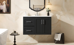 English Elm 36'' Wall Mounted Bathroom Vanity with Ceramic Sink, Solid Wood & MDF Floating Cabinet with Drawers Black N710P293299B