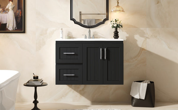 English Elm 36'' Wall Mounted Bathroom Vanity with Ceramic Sink, Solid Wood & MDF Floating Cabinet with Drawers Black N710P293299B