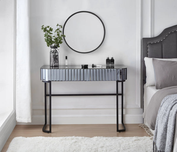 English Elm 39" Mirrored Vanity Table with Stainless Steel Base, 2 Drawers, Tempered Glass Top, 250lb Capacity, Gray Glam Desk N704P171796B