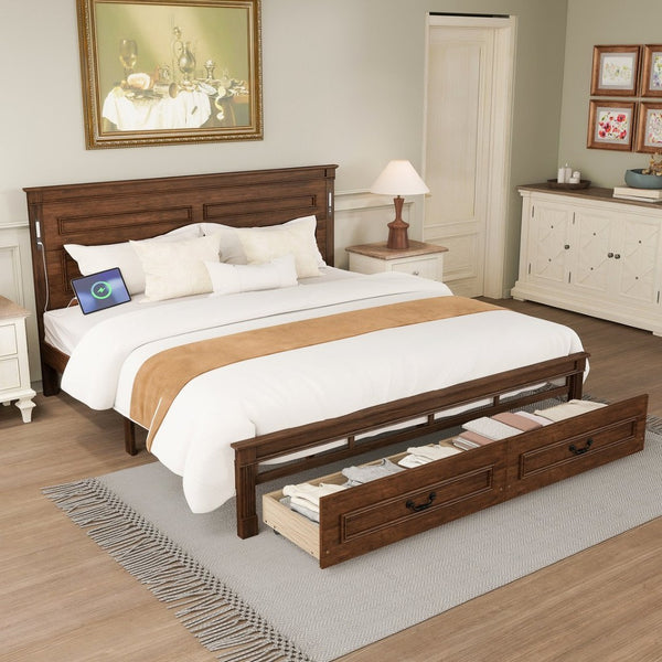 English Elm King Pine Wood Storage Bed with Led Lighting Usb Charging Tall Panel Headboard Walnut W504S00270