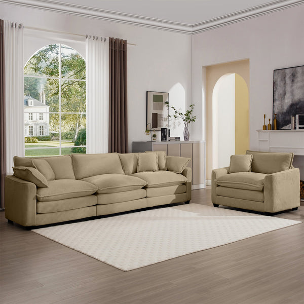 English Elm Mid-Century Modern Sectional Set - 3-Seater & Single Seater With Pillows For Cozy Living Spaces W714S00796