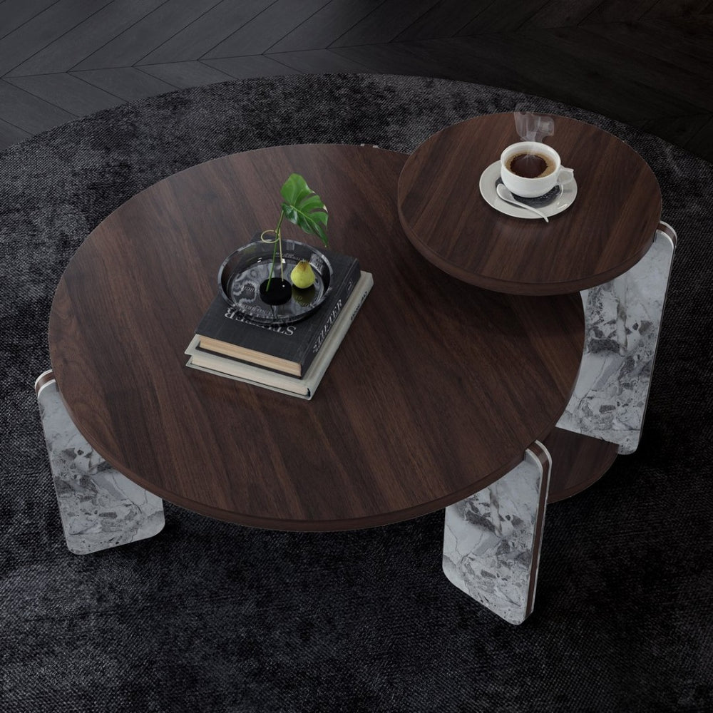 English Elm Set of 2 Round Sintered Stone Nesting Tables Sleek Modern Accent for Living Rooms W2899P405895