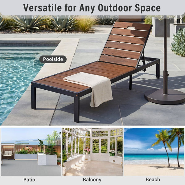 English Elm Outdoor Acacia Wood Slat Chaise Lounge with Powder Coated Frame for Patio Resort Black+Brown N719P383161D
