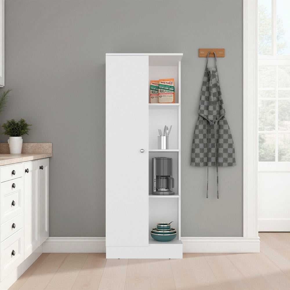 English Elm White Tall Narrow Kitchen Pantry Cabinet with Open Shelves and Concealed Storage Door B062P483733