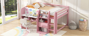 English Elm Full Size Low Loft Bed With Desk, Storage, Bookcase & Fun Whiteboard For Kids - Pink Design N7090005005H
