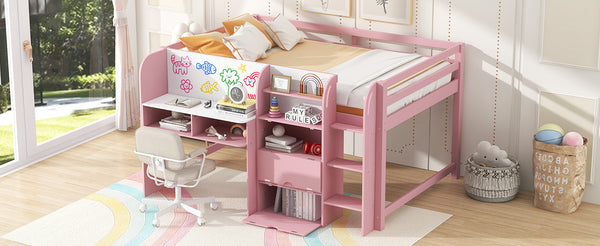 English Elm Full Size Low Loft Bed With Desk, Storage, Bookcase & Fun Whiteboard For Kids - Pink Design N7090005005H