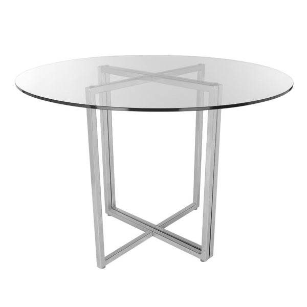 EuroStyle Legend Round Glass Dining Table with Chromed Steel Base for Contemporary Spaces Brushed Stainless Steel 81136SS-KIT
