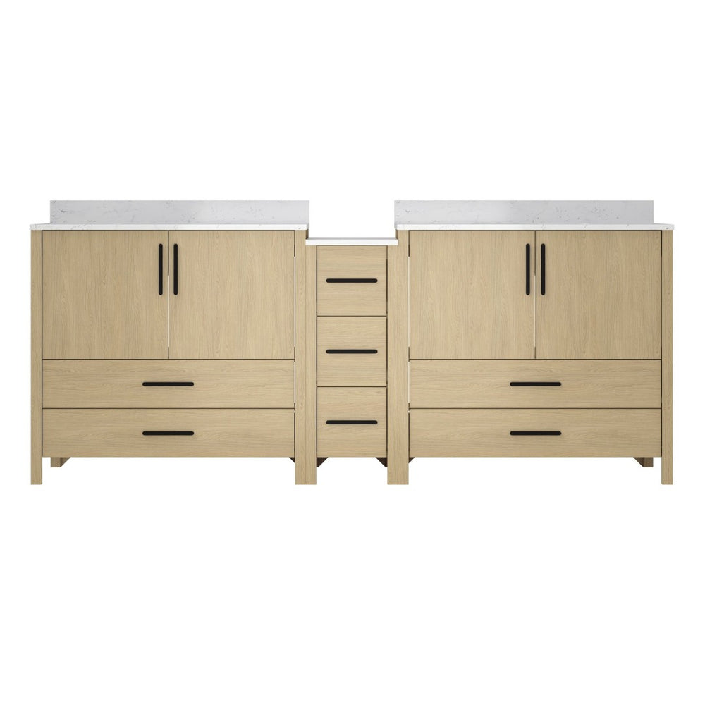 English Elm 108"w×22"d×34"h Freestanding Double Sink Vanity with White Countertop Soft Close T3785S00007