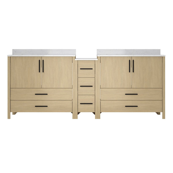 English Elm 108"w×22"d×34"h Freestanding Double Sink Vanity with White Countertop Soft Close T3785S00007