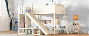 English Elm Twin Loft Bed Solid Pine Frame with Wardrobe Shelving Detachable Slide Kids Room Beige W5305S00023