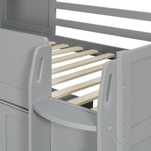 English Elm Twin House Loft Bed with Pull Out Rolling Desk Stair Drawers and Cabinet Storage Gray N820S00072E