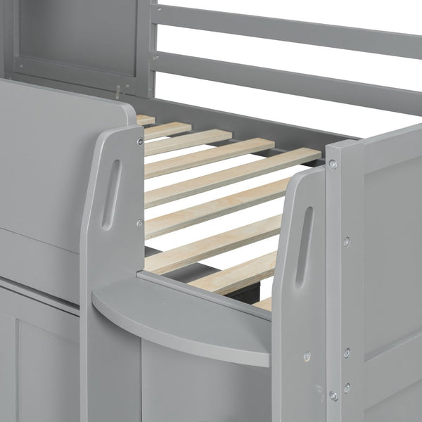English Elm Twin House Loft Bed with Pull Out Rolling Desk Stair Drawers and Cabinet Storage Gray N820S00072E