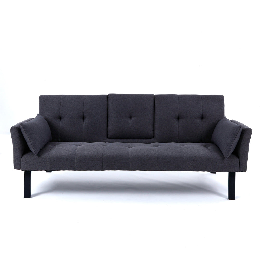 English Elm 70-inch Foldable Cotton Linen Sofa Bed with Cup Holder & Side Storage, Space-Saving 2-Seater Design DARK GREY W3371P337199