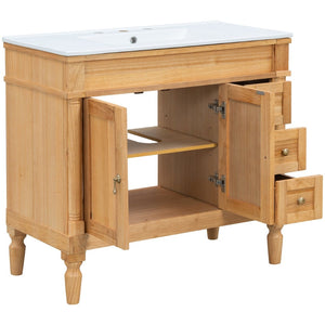 English Elm 36" Freestanding Bathroom Vanity Solid Wood Cabinet with Ceramic Sink and Soft Close Storage N729P300165N