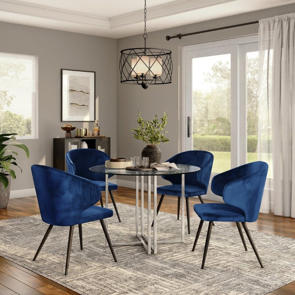 EuroStyle Legend Round Glass Dining Table Sculpted Steel Base for Modern Compact Spaces Chrome 81142CHRM-KIT