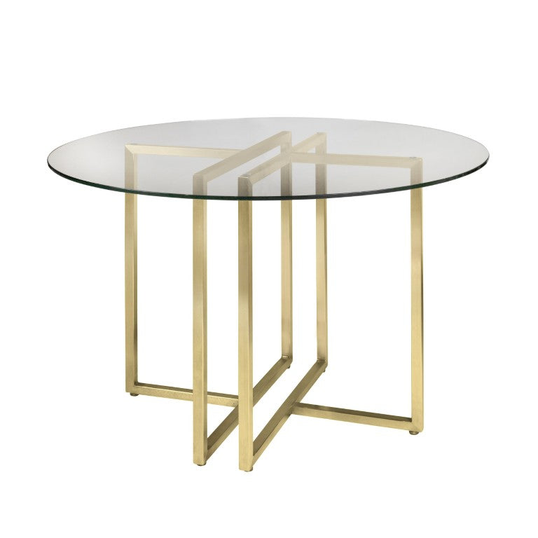 EuroStyle Legend Round Glass Dining Table Sculpted Steel Base for Modern Compact Spaces Matte Brushed Gold 81142MBG-KIT