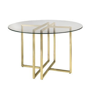 EuroStyle Legend Round Glass Dining Table Sculpted Steel Base for Modern Compact Spaces Matte Brushed Gold 81142MBG-KIT