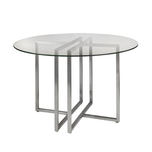 EuroStyle Legend Round Glass Dining Table Sculpted Steel Base for Modern Compact Spaces Brushed Stainless Steel 81142SS-KIT