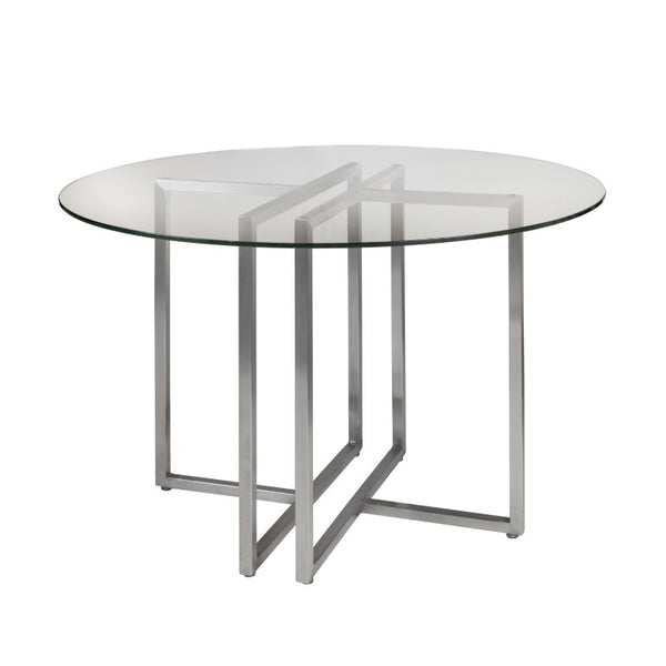 EuroStyle Legend Round Glass Dining Table Sculpted Steel Base for Modern Compact Spaces Brushed Stainless Steel 81142SS-KIT