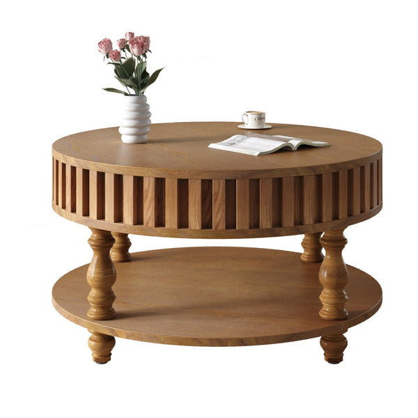 English Elm Farmhouse Fluted Square Coffee Table with Flip Top Hidden Compartment and Open Shelf Walnut Brown W1445P370480