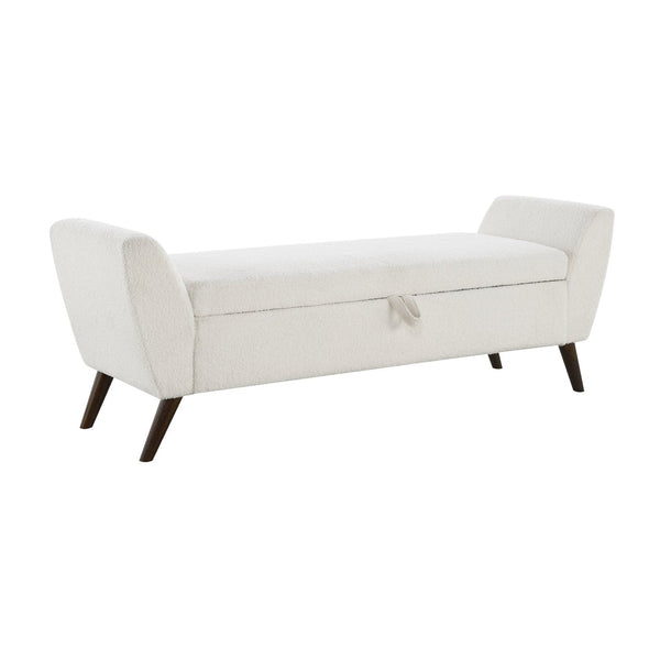 English Elm 60'' Upholstered Storage Bench Teddy Fabric Walnut Legs Mid-century Bedroom Seat Cream W2671P388093
