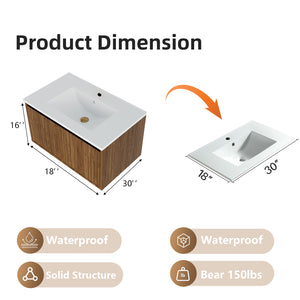 English Elm 30 Inch Bathroom Vanity with Sink — Floor-Standing Stability, Soft-Close Drawers, Ample Storage, Durable Finish Walnut 35.47 L x 21.85 W x 8.07 H W3520S00009