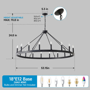 English Elm 53.15 Inch Wagon Wheel Chandelier Matte Black 18 Light Farmhouse Industrial Large Room W5008P389053