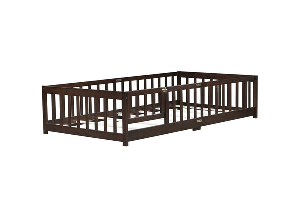 English Elm Twin Low Profile Rubberwood Floor Bed with Full Safety Fence for Toddler Rooms Espresso W504P429279