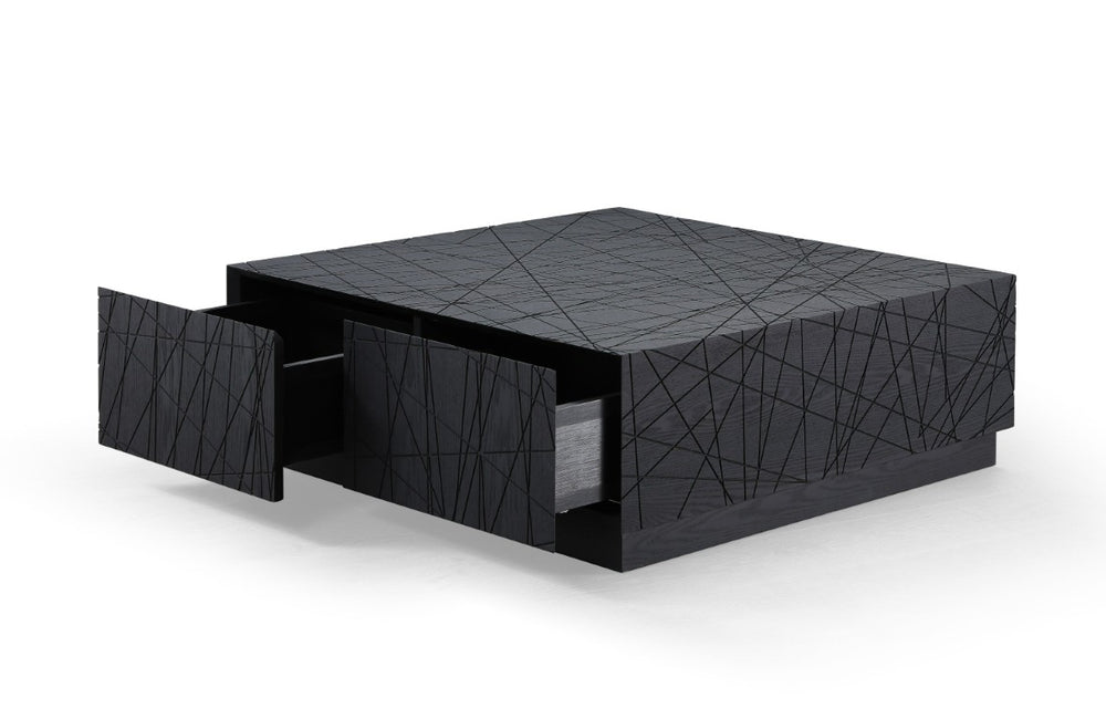 VIG Furniture Kenda Modern Black Oak Square Coffee Table With 4 Soft-Close Drawers, Matte Veneer, Fully Assembled VGVCCT2355
