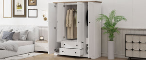 English Elm 4 Door Wardrobe Armoire Closet with 2 Drawers Rustic Pine & MDF Storage Cabinet with Shelves and Hanging Space White N7090001842K