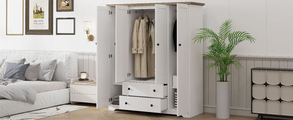 English Elm 4 Door Wardrobe Armoire Closet with 2 Drawers Rustic Pine & MDF Storage Cabinet with Shelves and Hanging Space White N7090001842K